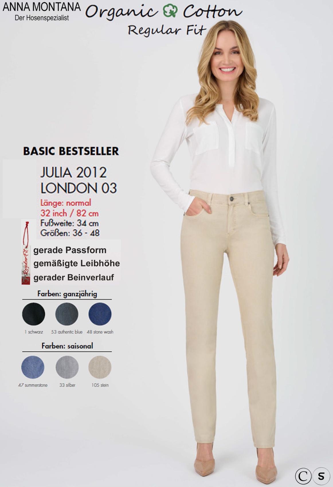Julia 2012 Basic Normal lang / Hosen /Jeans in Größen 36 bis 48 / Stretch / ANNA MONTANA